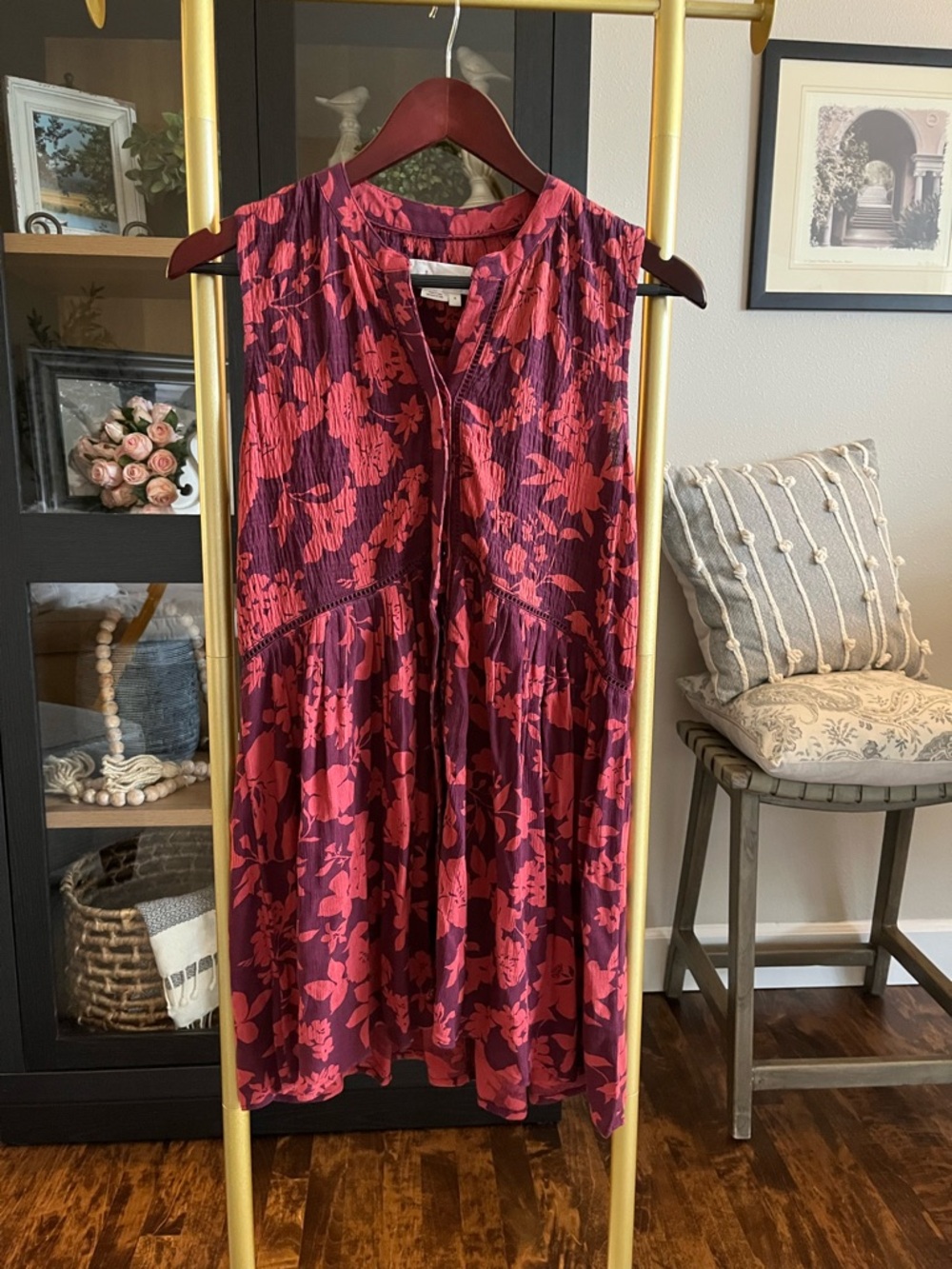 Anthropology Sleeveless Floral Smocked Yoke Dress - Pink/Magenta